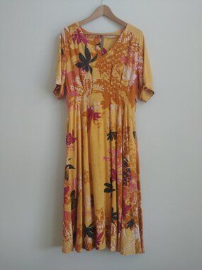White Stuff UK linen blend midi dress deep yellow patterned dress V neck